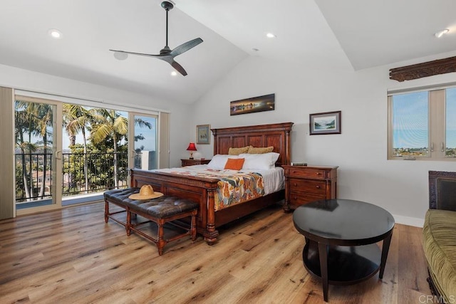 bedroom featuring access to exterior, light wood-style floors, a ceiling fan, high vaulted ceiling, and baseboards