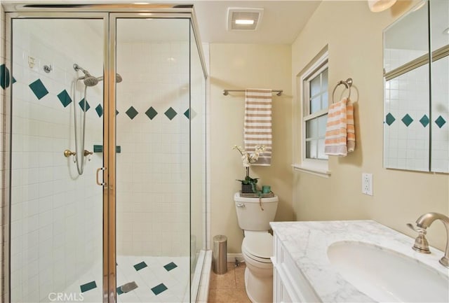 bathroom with a stall shower, visible vents, toilet, tile patterned flooring, and vanity