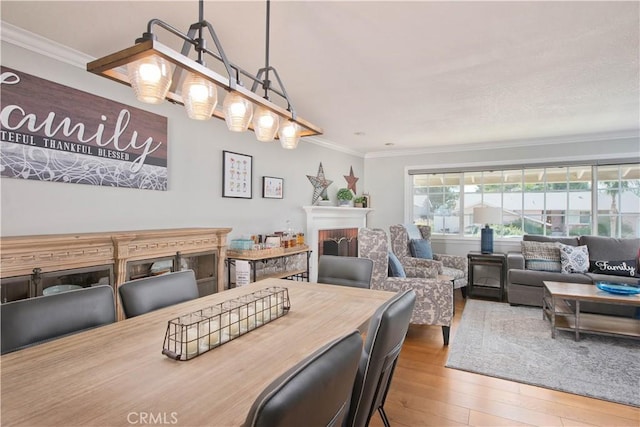 dining space with ornamental molding, a brick fireplace, and wood finished floors