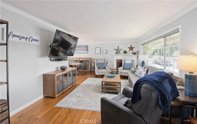 living room featuring crown molding, light wood-type flooring, a fireplace, and baseboards