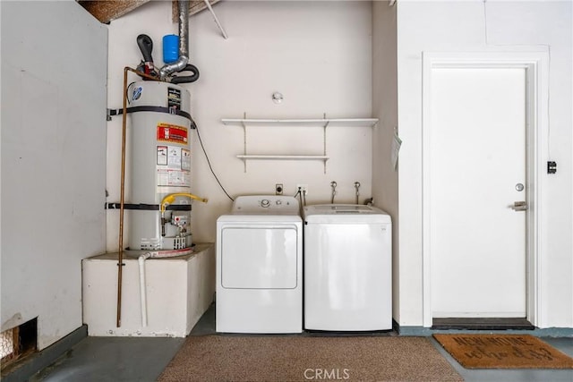 laundry area featuring strapped water heater and washing machine and clothes dryer