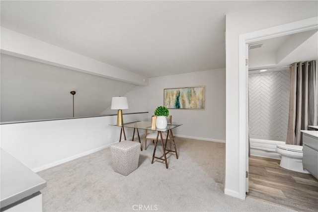 27557 Paseo Tamara, San Juan Capistrano, CA 92675 - carpeted office space with baseboards, lofted ceiling with beams, and visible vents