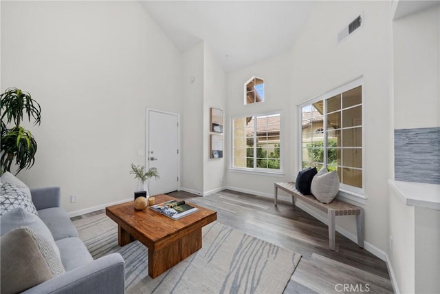 27557 Paseo Tamara, San Juan Capistrano, CA 92675 - living area featuring baseboards, visible vents, and high vaulted ceiling