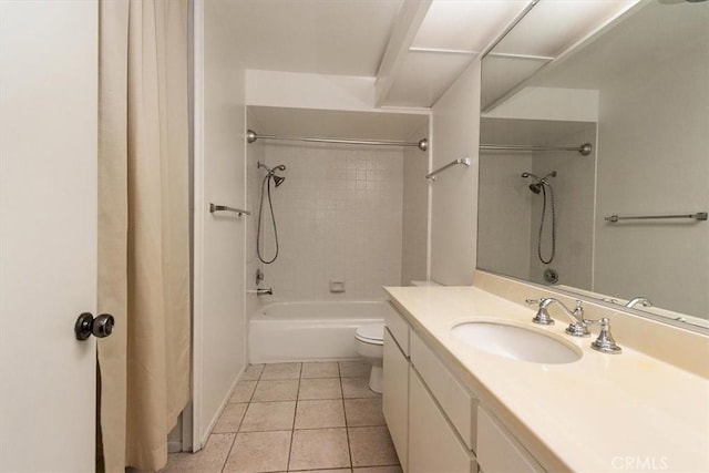 full bath with toilet, vanity, shower / bath combination with curtain, and tile patterned floors