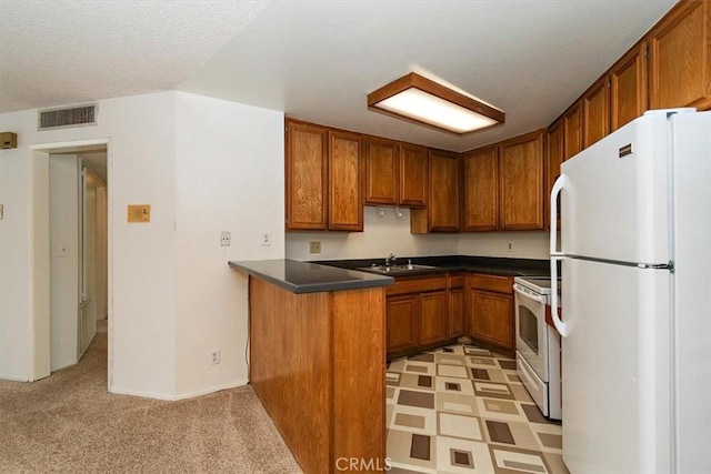 kitchen featuring brown cabinets, dark countertops, visible vents, white appliances, and a peninsula