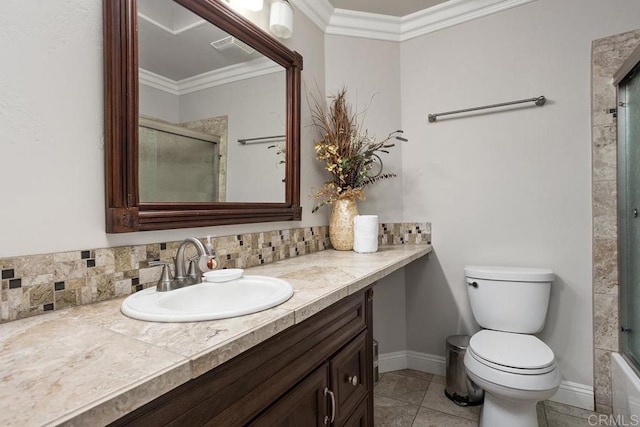 full bathroom with toilet, ornamental molding, backsplash, and a shower with shower door