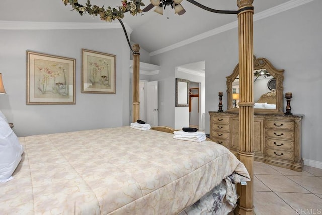 bedroom featuring ceiling fan, light tile patterned flooring, crown molding, vaulted ceiling, and ornate columns