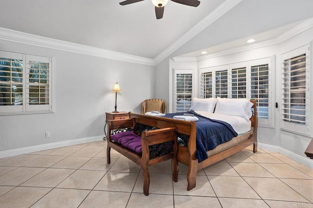 bedroom featuring light tile patterned floors, ornamental molding, a ceiling fan, vaulted ceiling, and baseboards