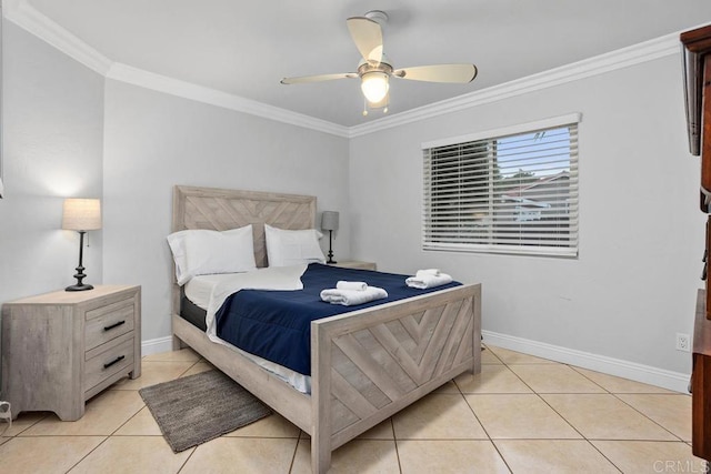 bedroom with light tile patterned floors, ceiling fan, ornamental molding, and baseboards