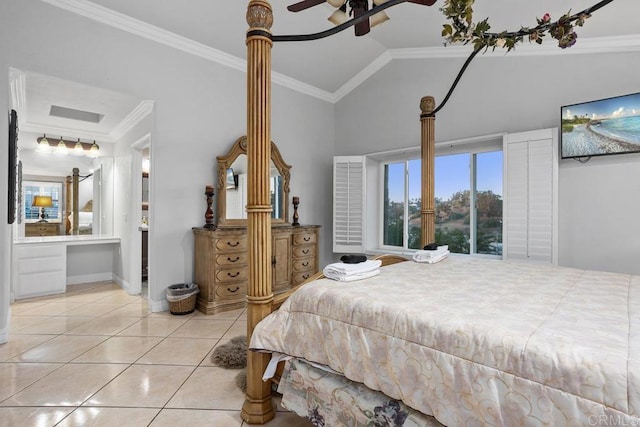 bedroom featuring lofted ceiling, light tile patterned flooring, visible vents, baseboards, and ornamental molding