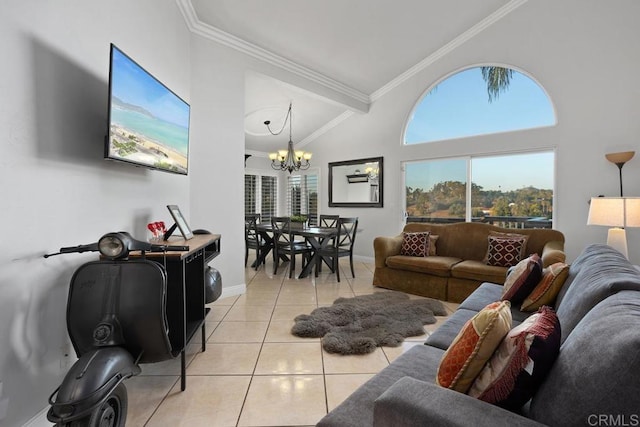 living area with light tile patterned floors, high vaulted ceiling, a chandelier, baseboards, and ornamental molding