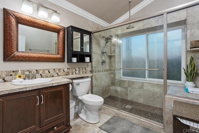 full bath with crown molding, backsplash, toilet, a stall shower, and vanity