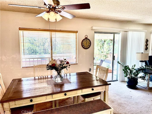 dining space with carpet floors, a textured ceiling, and a ceiling fan