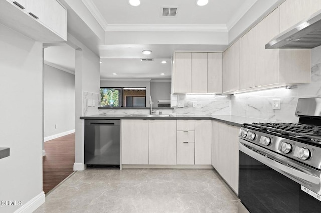 kitchen featuring stainless steel appliances, a sink, ornamental molding, decorative backsplash, and wall chimney exhaust hood