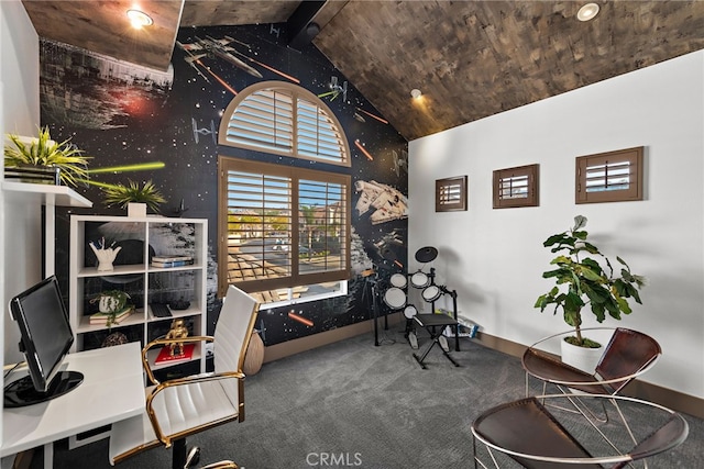 sitting room featuring carpet floors, beamed ceiling, high vaulted ceiling, and baseboards