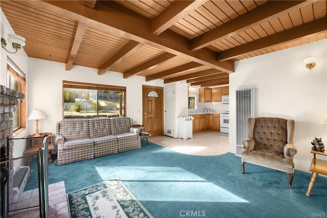 5768 Heath Creek Dr, Wrightwood, CA 92397 - living room with wooden ceiling, beam ceiling, and light colored carpet