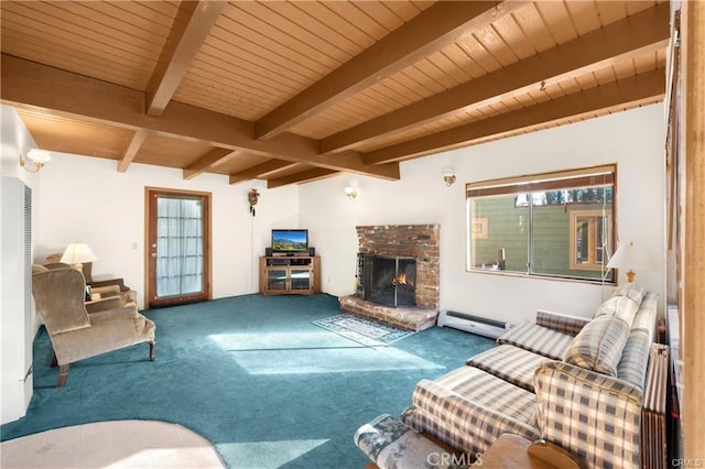5768 Heath Creek Dr, Wrightwood, CA 92397 - living area with wood ceiling, a brick fireplace, baseboard heating, and plenty of natural light