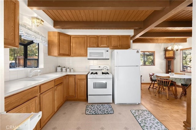 5768 Heath Creek Dr, Wrightwood, CA 92397 - kitchen featuring tasteful backsplash, white appliances, an inviting chandelier, a sink, and beamed ceiling