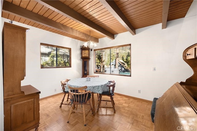 5768 Heath Creek Dr, Wrightwood, CA 92397 - dining area featuring a notable chandelier, beam ceiling, and baseboards
