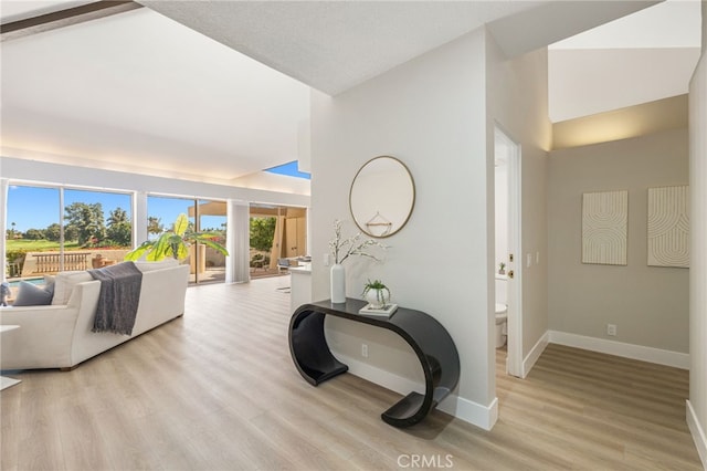 interior space featuring lofted ceiling, light wood-style floors, and baseboards