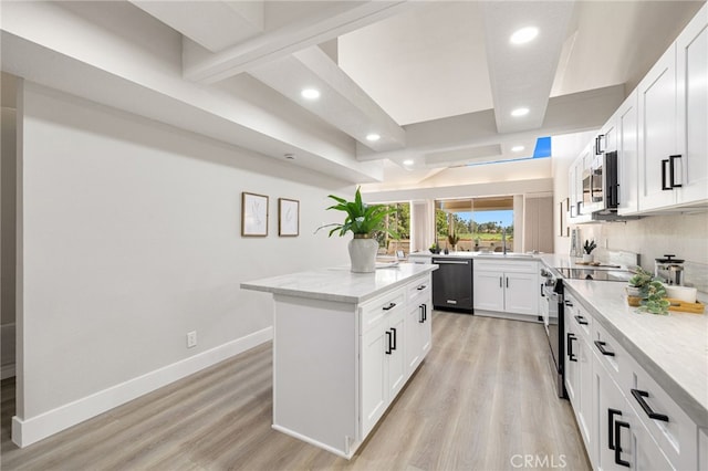 kitchen featuring baseboards, white cabinets, light wood-style flooring, appliances with stainless steel finishes, and light stone counters