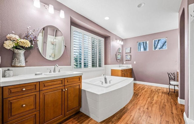 bathroom featuring a wealth of natural light, two vanities, a sink, and wood finished floors