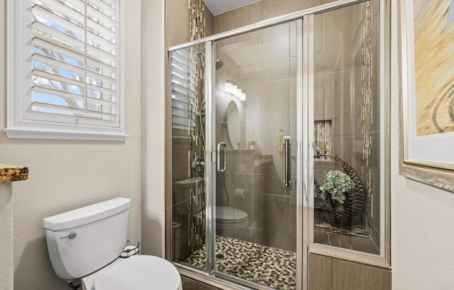 bathroom featuring toilet and a stall shower