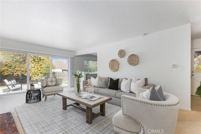 living room featuring light colored carpet