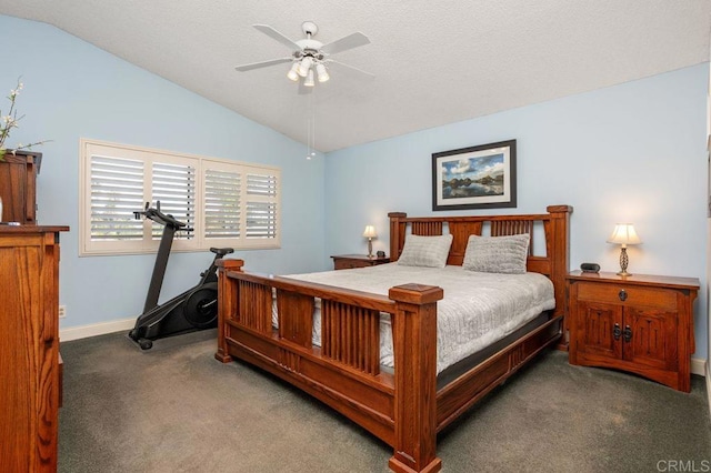 bedroom with baseboards, vaulted ceiling, and carpet flooring