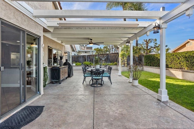 view of patio featuring ceiling fan, outdoor dining area, a fenced backyard, and a pergola