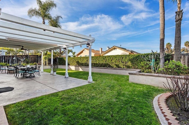 view of yard featuring a patio, a fenced backyard, and a pergola