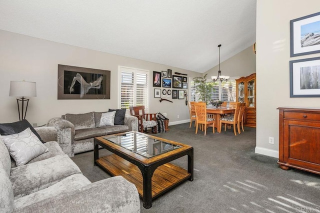 living area with baseboards, dark carpet, vaulted ceiling, and a chandelier