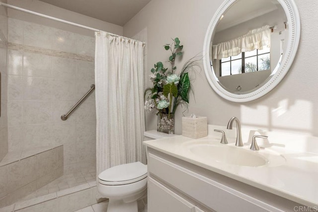 full bath featuring toilet, tile patterned flooring, a tile shower, and vanity