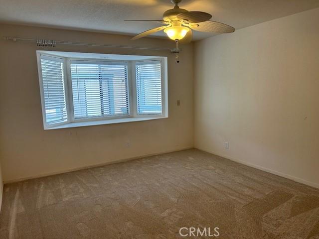 empty room with carpet floors and a ceiling fan