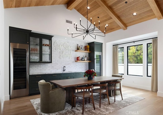 dining space featuring wet bar, wooden ceiling, beamed ceiling, and light wood finished floors