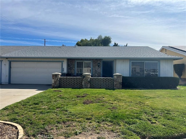 ranch-style house with a shingled roof, an attached garage, stone siding, driveway, and a front lawn