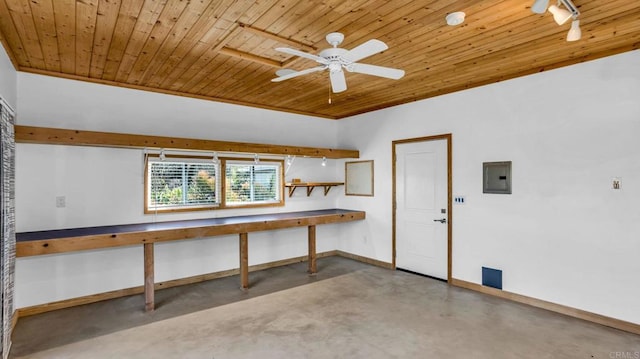 garage with wood ceiling, electric panel, ceiling fan, and baseboards