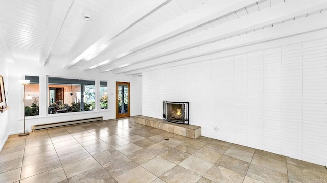 unfurnished living room featuring a baseboard heating unit, light tile patterned floors, a fireplace, and beam ceiling