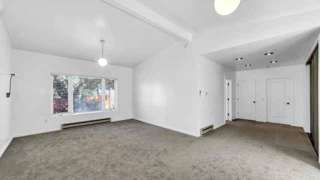 interior space featuring vaulted ceiling with beams, carpet floors, baseboard heating, and baseboards