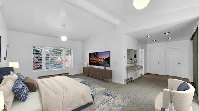 bedroom featuring a baseboard heating unit, light carpet, lofted ceiling with beams, and baseboards