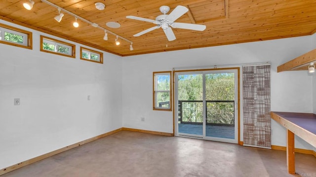 spare room featuring concrete flooring, ceiling fan, wood ceiling, and baseboards