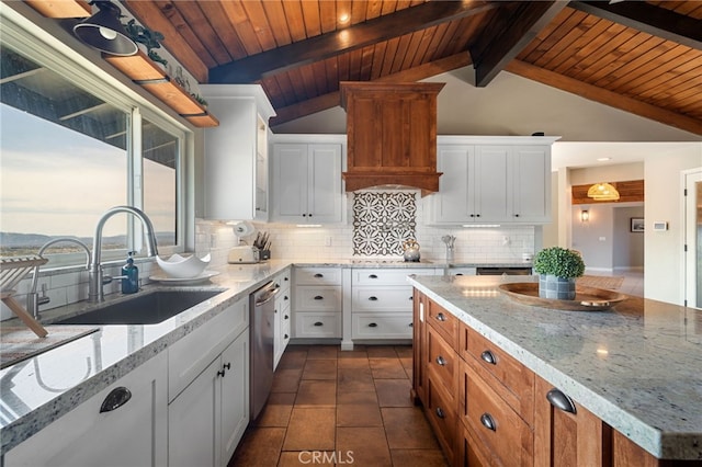 kitchen featuring a sink, decorative backsplash, dishwasher, and white cabinets