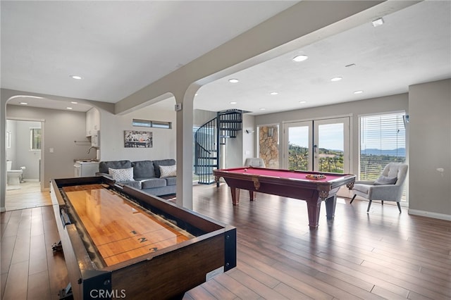 38270 Calaveras Rd, Temecula, CA 92592 - recreation room featuring arched walkways, billiards, wood finished floors, baseboards, and recessed lighting