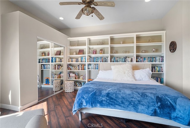 bedroom featuring recessed lighting, wood finished floors, and ceiling fan