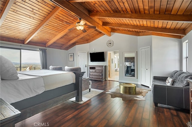 bedroom with wooden ceiling, vaulted ceiling with beams, and wood-type flooring