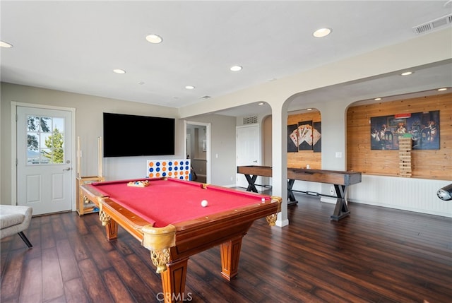 38270 Calaveras Rd, Temecula, CA 92592 - game room featuring arched walkways, billiards, wood-type flooring, recessed lighting, and wood walls