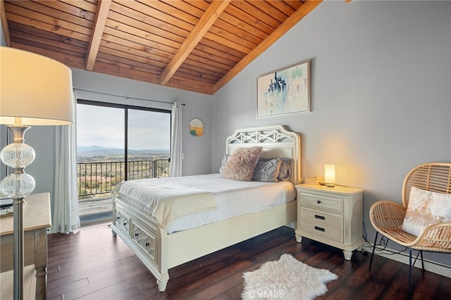 bedroom featuring dark wood finished floors, access to exterior, lofted ceiling with beams, and wood ceiling