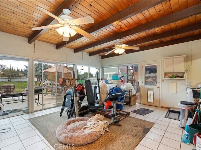 exercise room with light tile patterned floors, wood ceiling, and ceiling fan