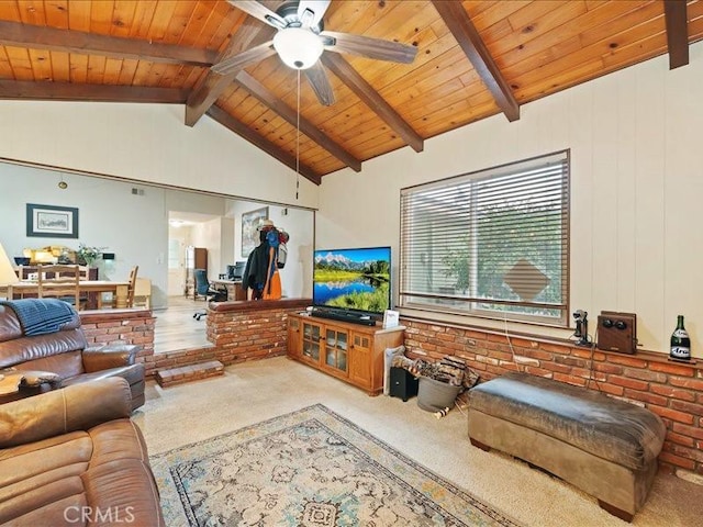 970 3rd St, Norco, CA 92860 - carpeted living room with wood ceiling and a ceiling fan