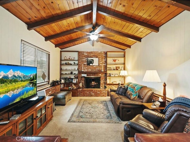 970 3rd St, Norco, CA 92860 - living area featuring carpet, wood ceiling, a ceiling fan, and a fireplace